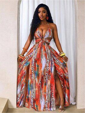 Orange Red Leopard Print Dress, Summer Boho Casual All-Match